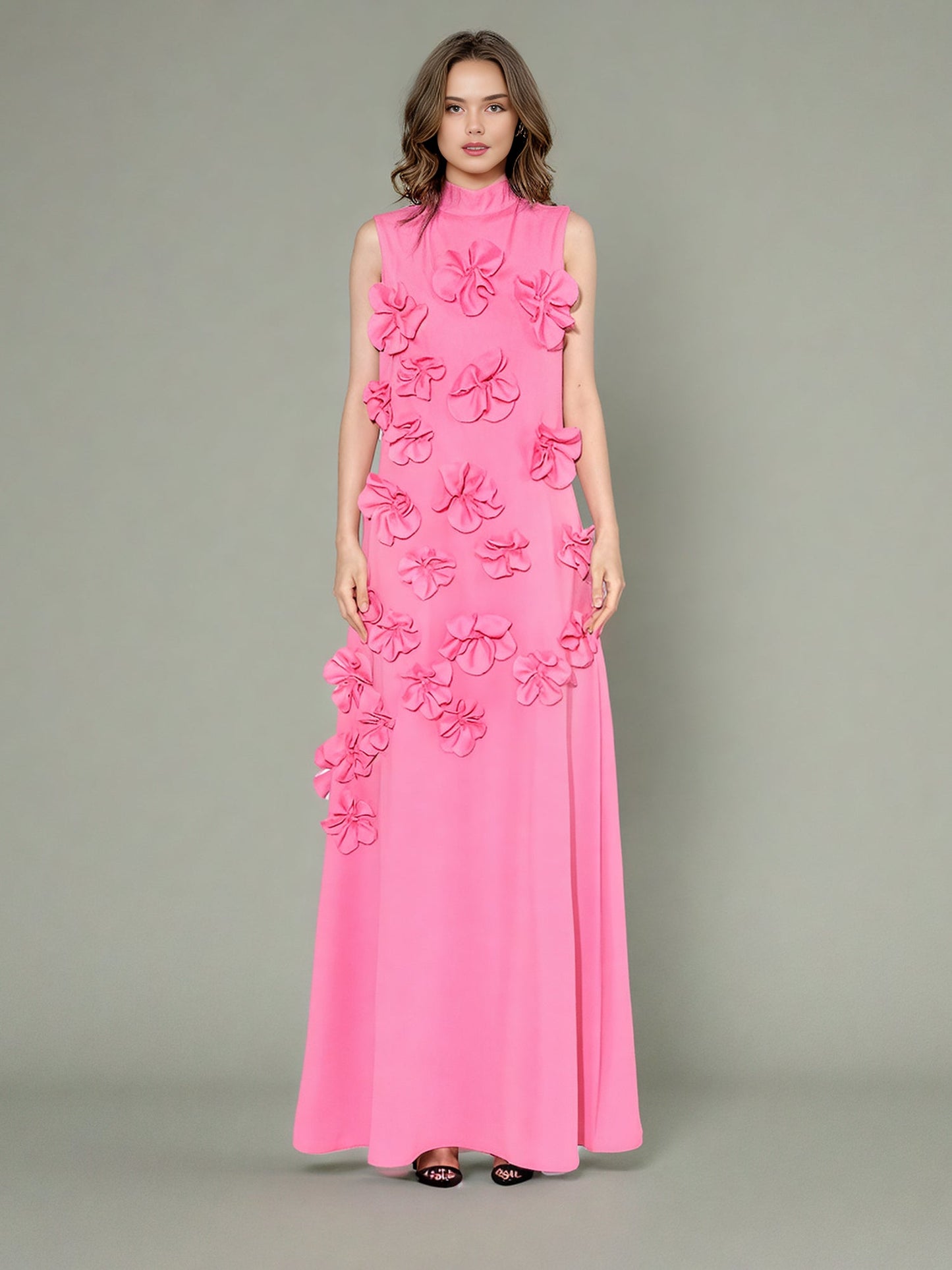 Glamorous Pink Maxi Dress with 3D Floral Appliqués - SISPELL