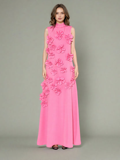 Glamorous Pink Maxi Dress with 3D Floral Appliqués - SISPELL