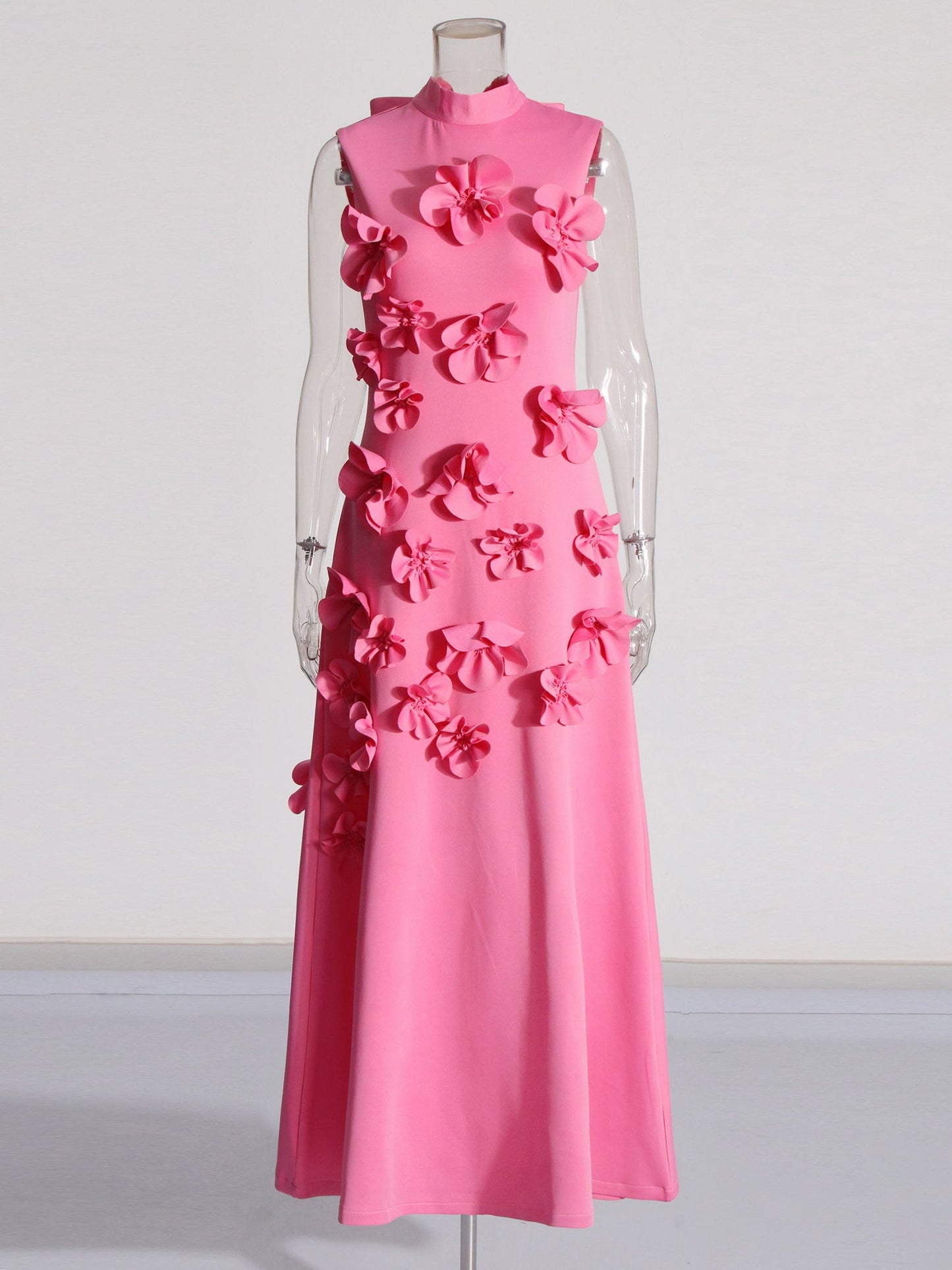 Glamorous Pink Maxi Dress with 3D Floral Appliqués - SISPELL