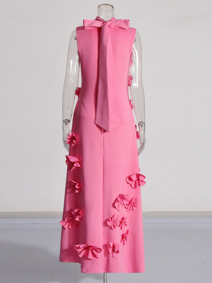 Glamorous Pink Maxi Dress with 3D Floral Appliqués - SISPELL