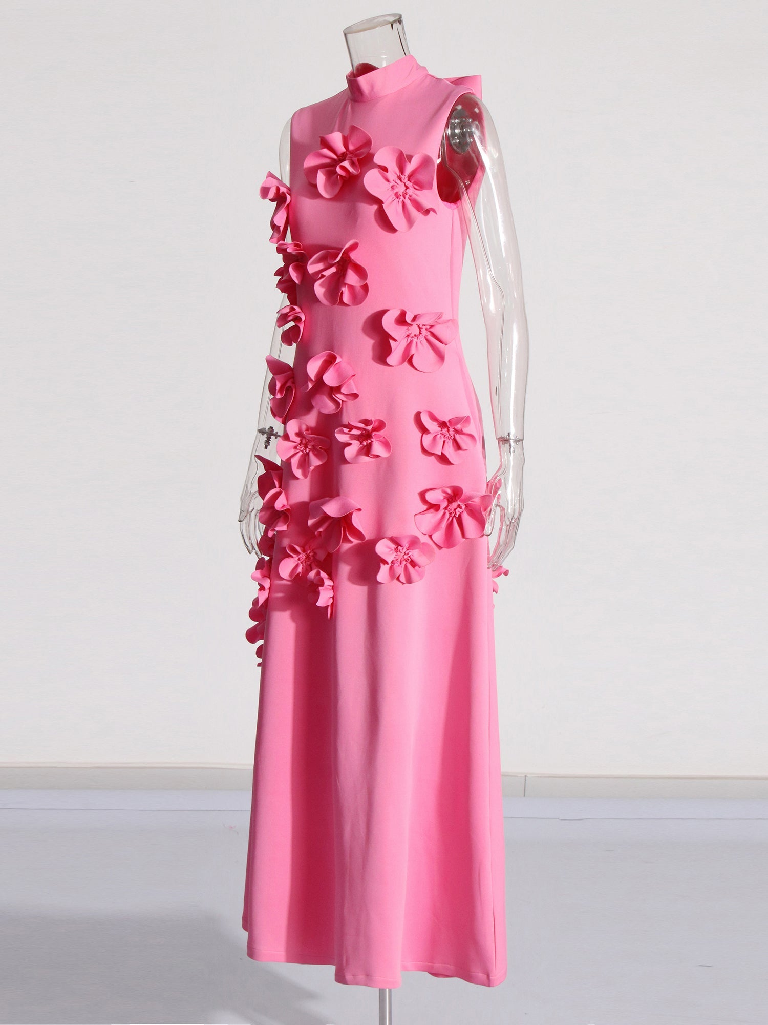 Glamorous Pink Maxi Dress with 3D Floral Appliqués - SISPELL