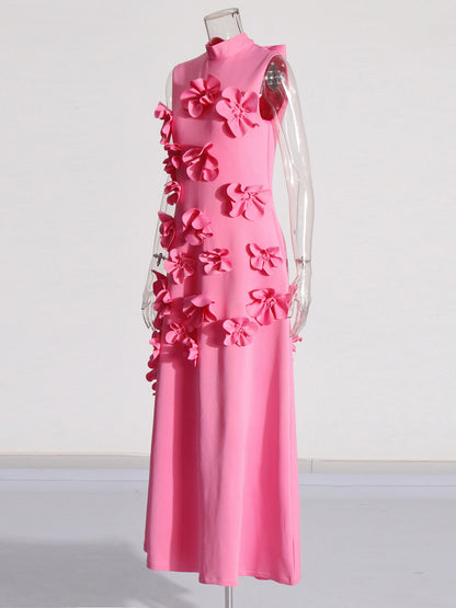 Glamorous Pink Maxi Dress with 3D Floral Appliqués - SISPELL