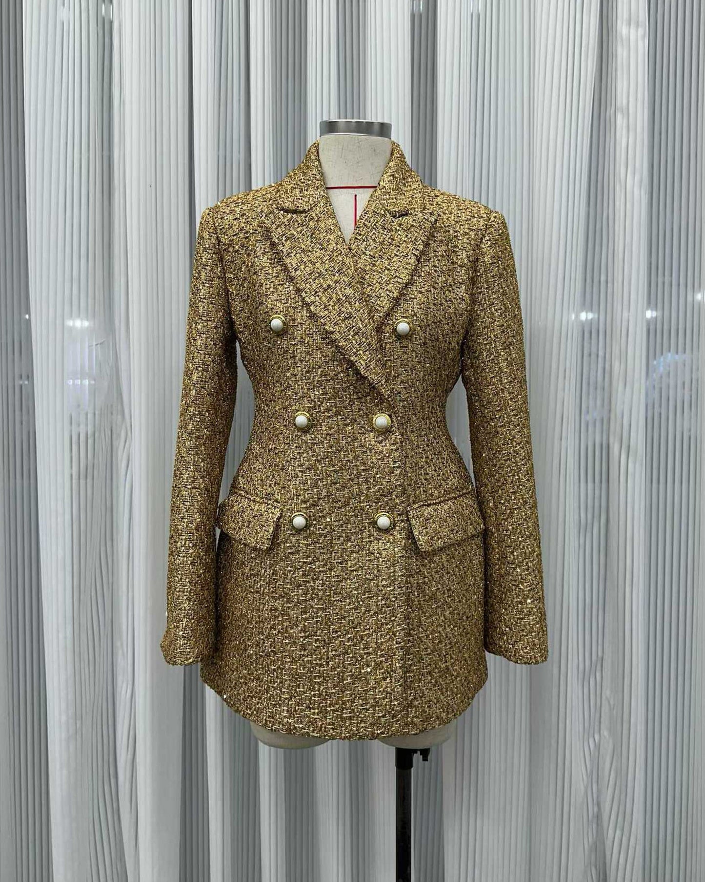 Gold Tweed Blazer with Pearl Buttons - SISPELL