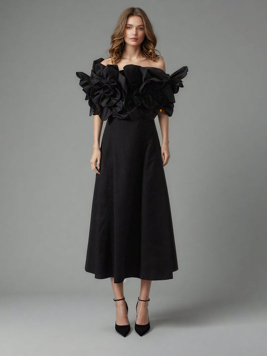 Gothic - Chic Black Off - Shoulder Floral Applique Midi Dress - SISPELL