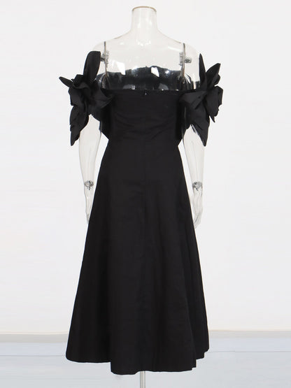 Gothic - Chic Black Off - Shoulder Floral Applique Midi Dress - SISPELL