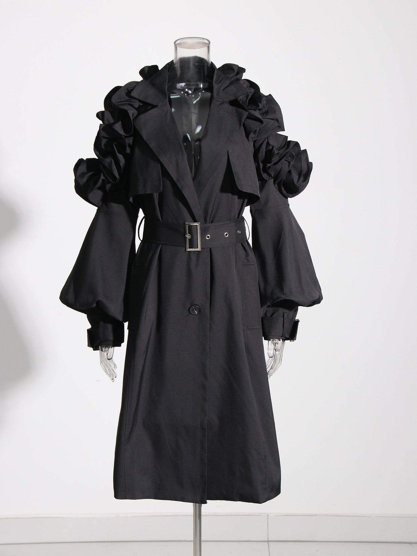 Gothic - Chic Black Ruffled Trench Coat with Belt - SISPELL