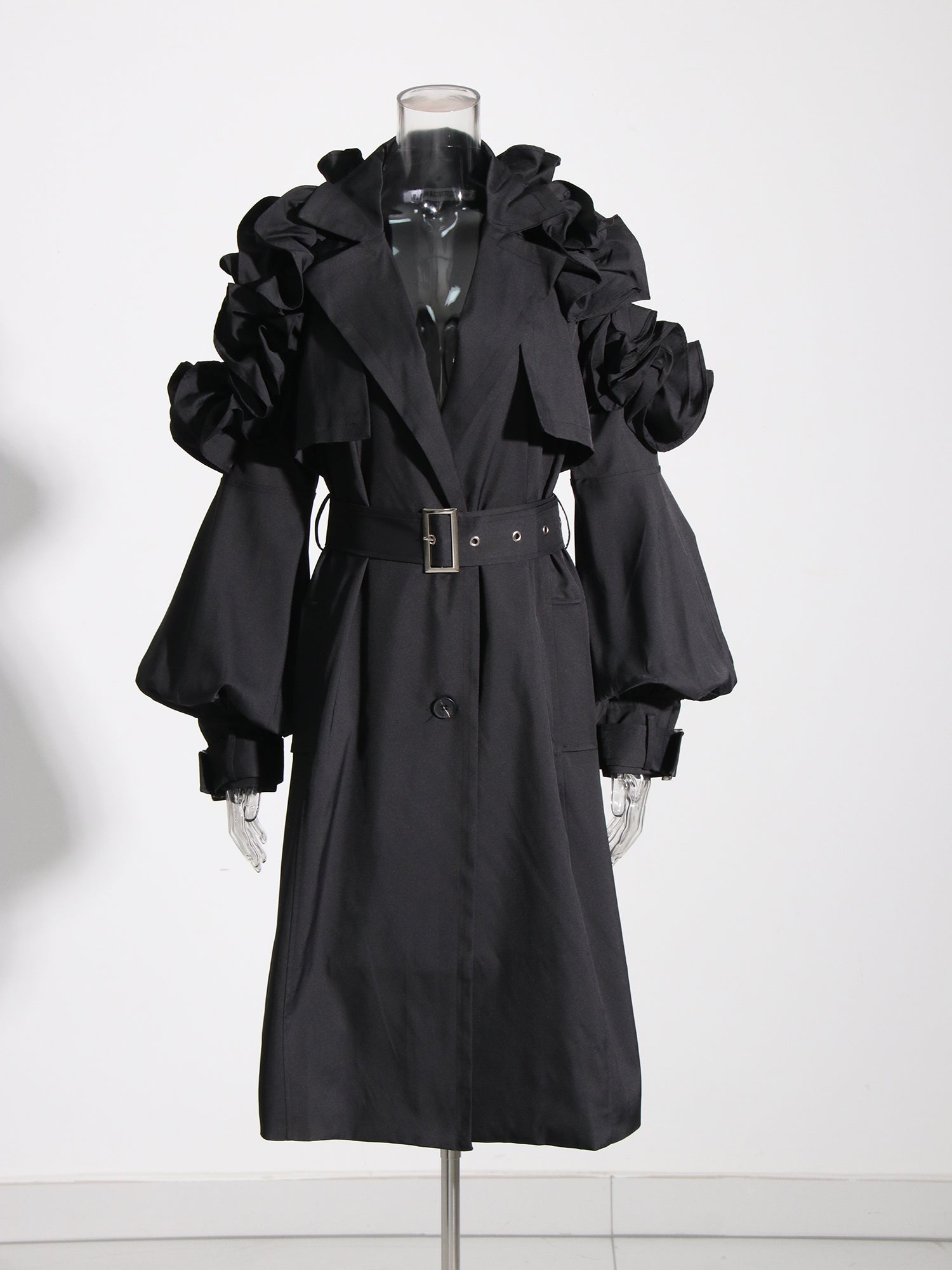Gothic - Chic Black Ruffled Trench Coat with Belt - SISPELL
