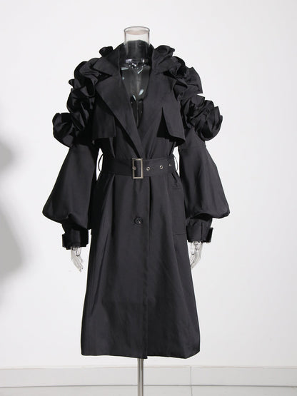 Gothic - Chic Black Ruffled Trench Coat with Belt - SISPELL