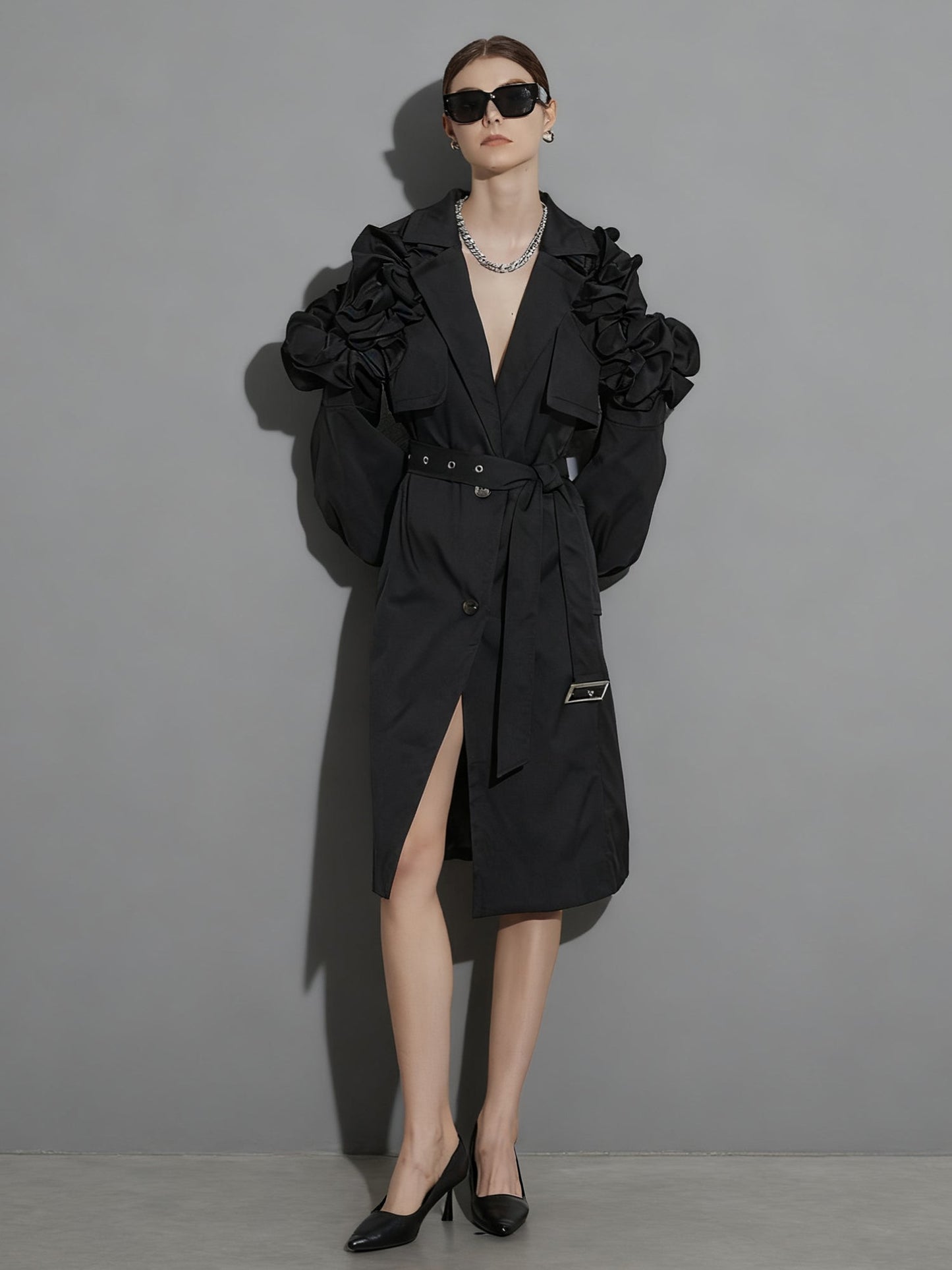 Gothic - Chic Black Ruffled Trench Coat with Belt - SISPELL