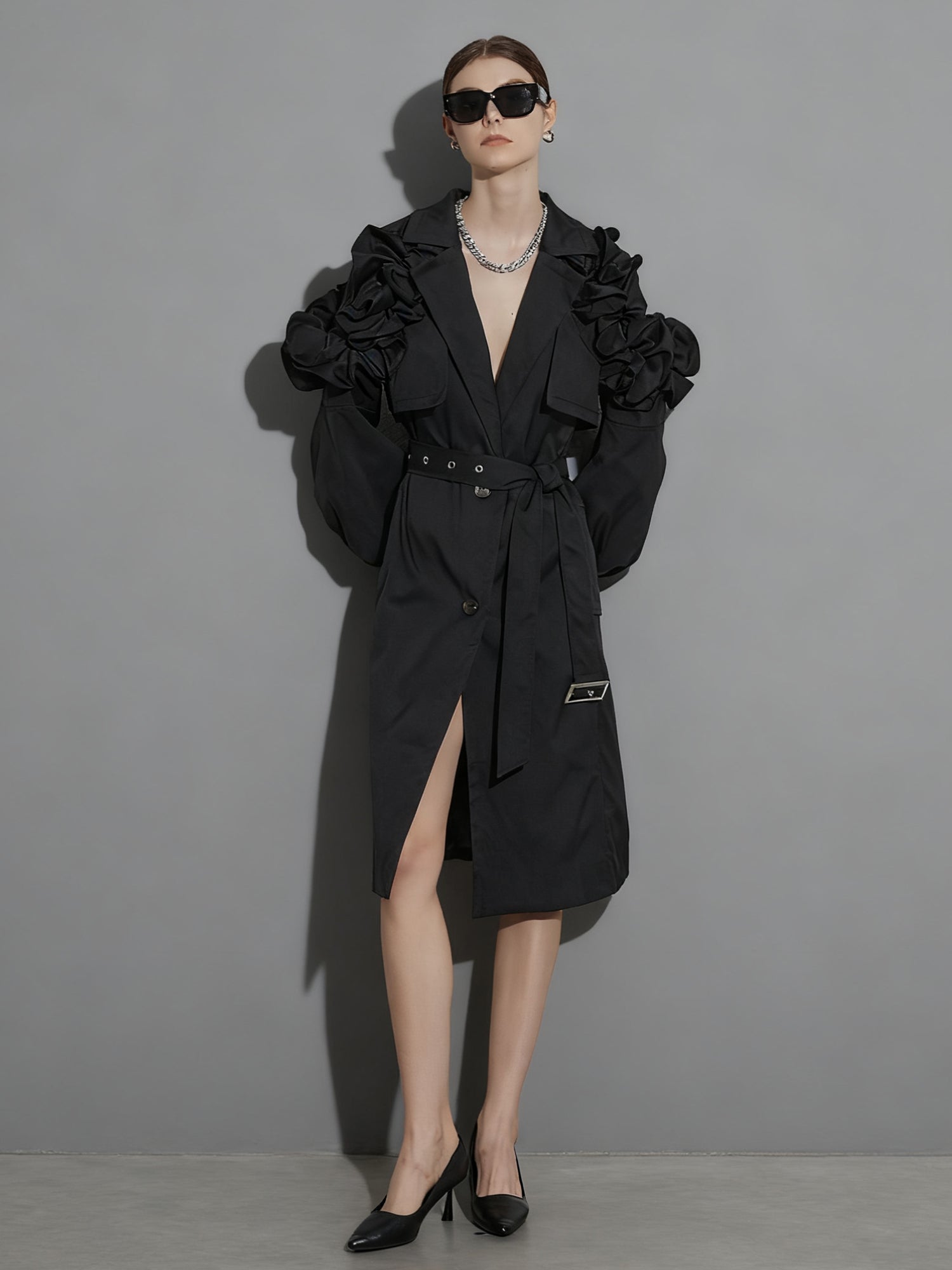 Gothic - Chic Black Ruffled Trench Coat with Belt - SISPELL
