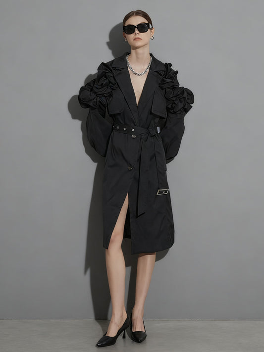 Gothic - Chic Black Ruffled Trench Coat with Belt - SISPELL