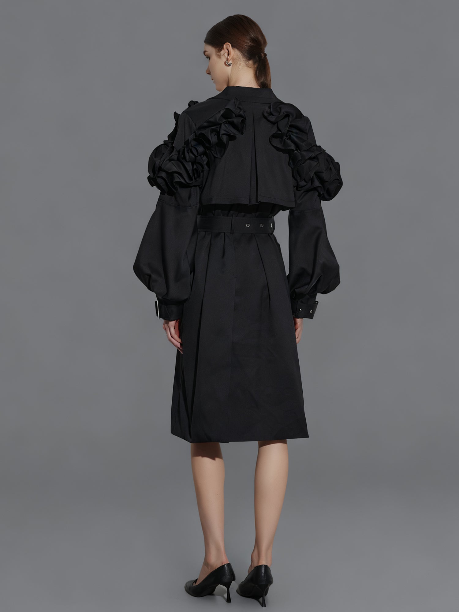 Gothic - Chic Black Ruffled Trench Coat with Belt - SISPELL