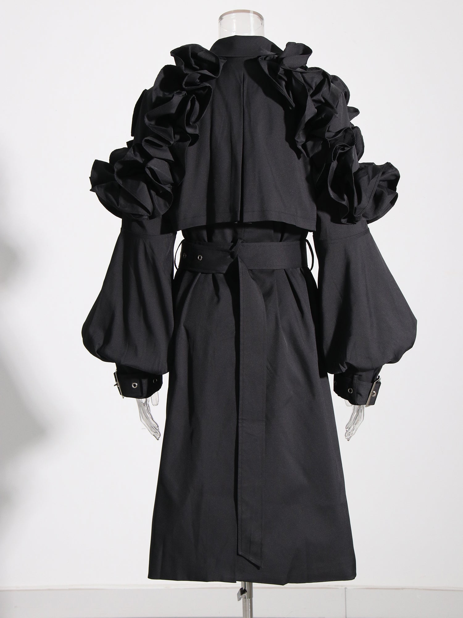 Gothic - Chic Black Ruffled Trench Coat with Belt - SISPELL