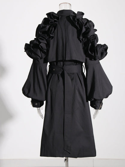 Gothic - Chic Black Ruffled Trench Coat with Belt - SISPELL