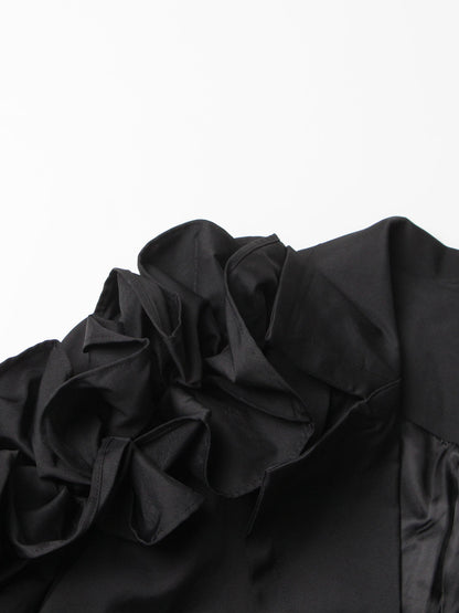 Gothic - Chic Black Ruffled Trench Coat with Belt - SISPELL