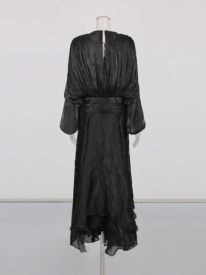 Gothic - Elegant Black Pleated Maxi Dress with Tie Neck and Sash - SISPELL