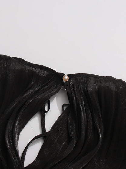 Gothic - Elegant Black Pleated Maxi Dress with Tie Neck and Sash - SISPELL