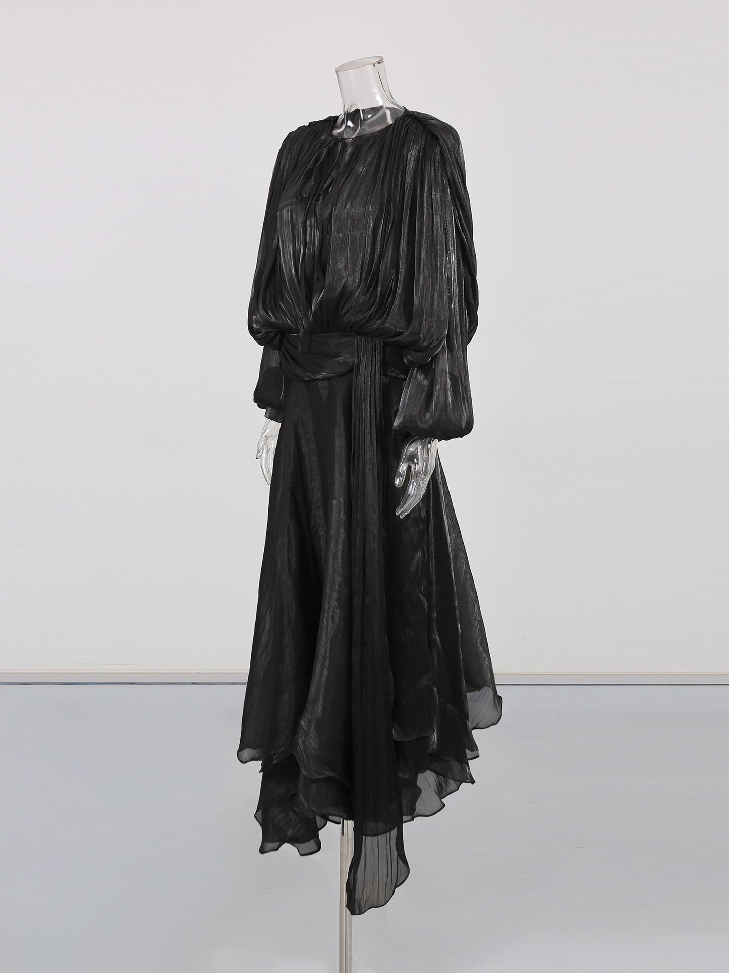 Gothic - Elegant Black Pleated Maxi Dress with Tie Neck and Sash - SISPELL