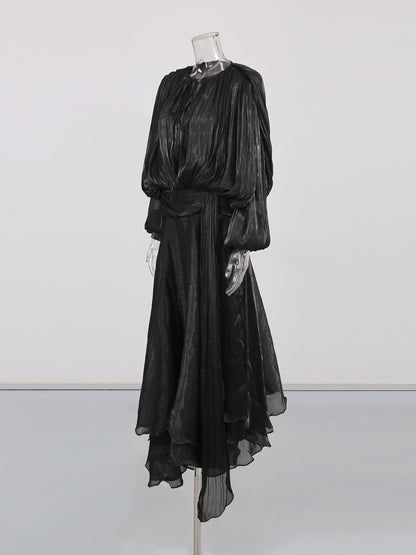 Gothic - Elegant Black Pleated Maxi Dress with Tie Neck and Sash - SISPELL