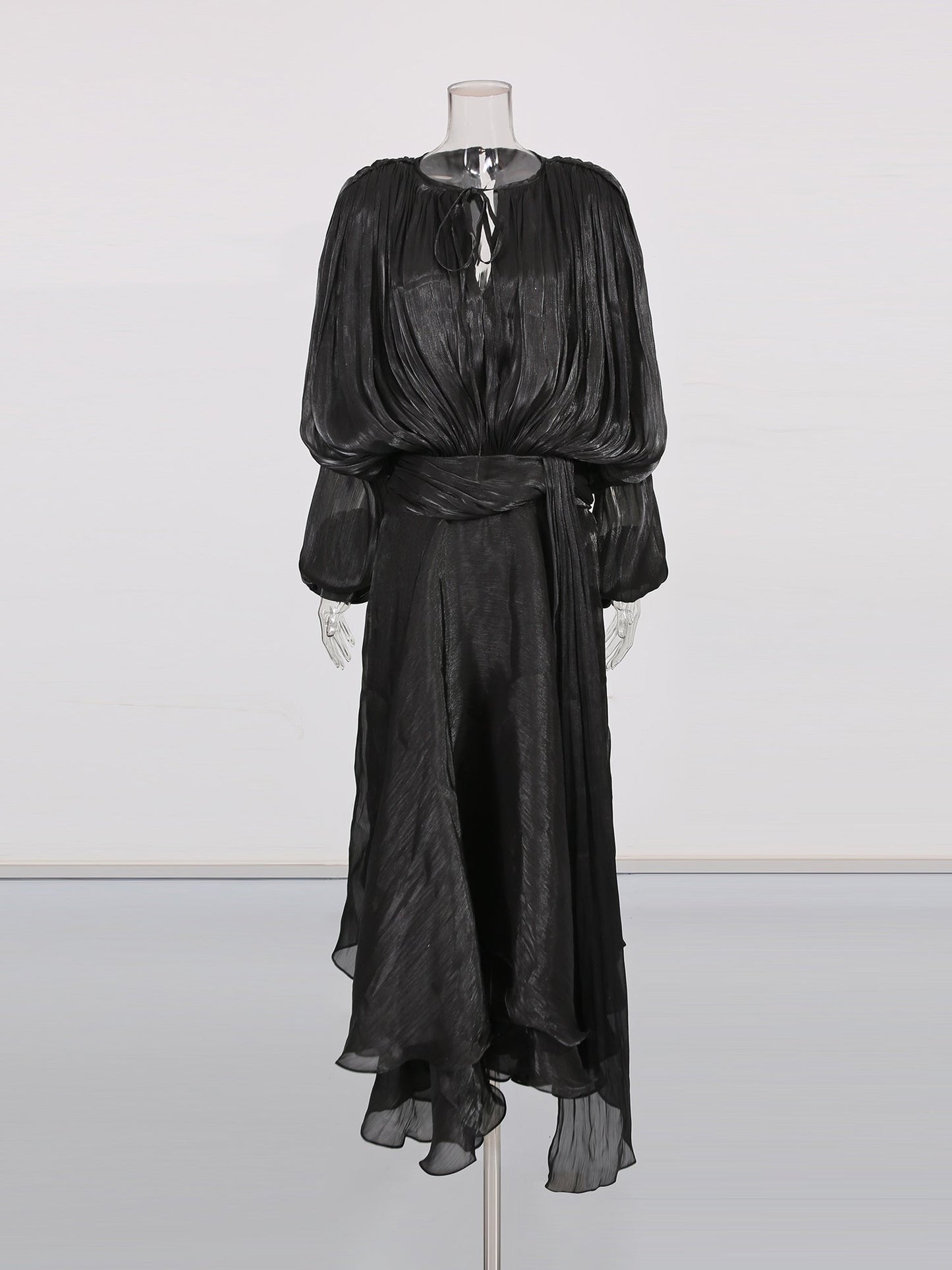 Gothic - Elegant Black Pleated Maxi Dress with Tie Neck and Sash - SISPELL