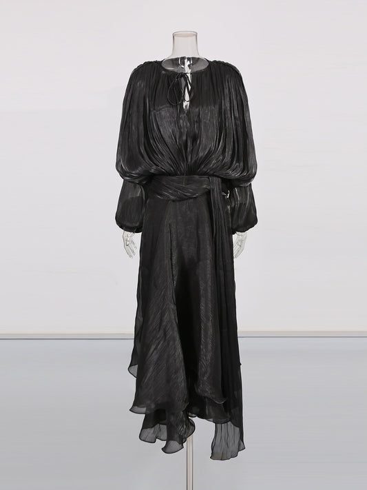 Gothic - Elegant Black Pleated Maxi Dress with Tie Neck and Sash - SISPELL