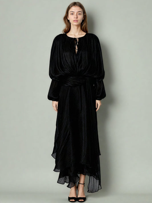 Gothic - Elegant Black Pleated Maxi Dress with Tie Neck and Sash - SISPELL