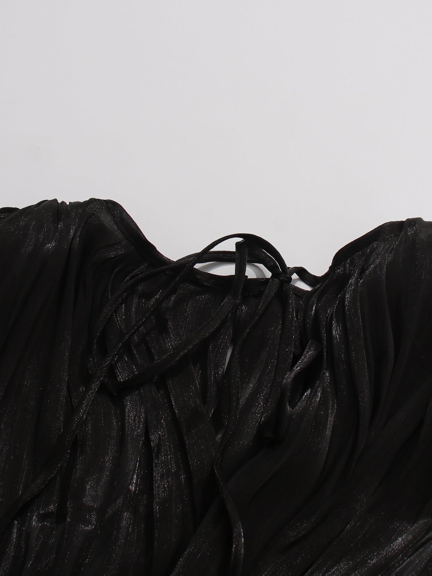 Gothic - Elegant Black Pleated Maxi Dress with Tie Neck and Sash - SISPELL