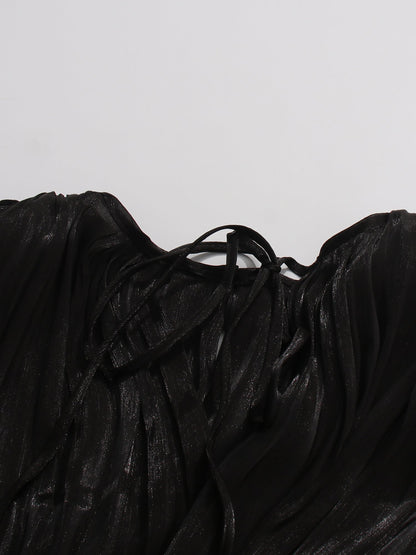 Gothic - Elegant Black Pleated Maxi Dress with Tie Neck and Sash - SISPELL