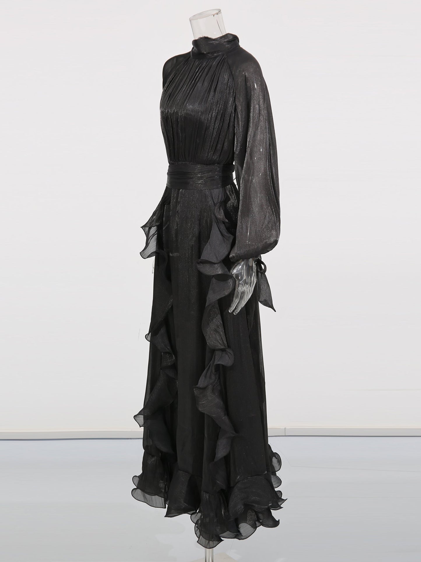 Gothic - Glam Black Ruffled Maxi Dress with Tie Cuffs and High Neck - SISPELL