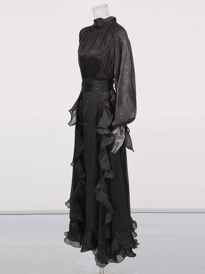 Gothic - Glam Black Ruffled Maxi Dress with Tie Cuffs and High Neck - SISPELL
