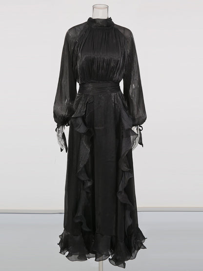 Gothic - Glam Black Ruffled Maxi Dress with Tie Cuffs and High Neck - SISPELL