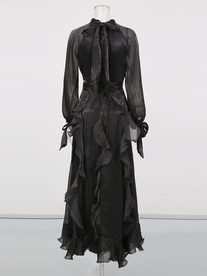 Gothic - Glam Black Ruffled Maxi Dress with Tie Cuffs and High Neck - SISPELL