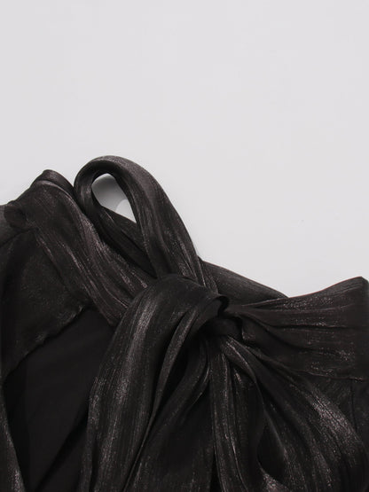 Gothic - Glam Black Ruffled Maxi Dress with Tie Cuffs and High Neck - SISPELL