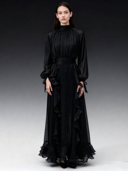 Gothic - Glam Black Ruffled Maxi Dress with Tie Cuffs and High Neck - SISPELL