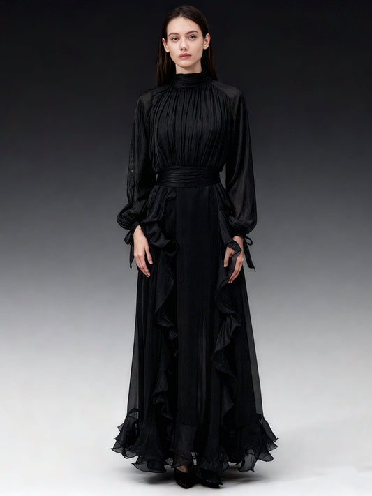 Gothic - Glam Black Ruffled Maxi Dress with Tie Cuffs and High Neck - SISPELL