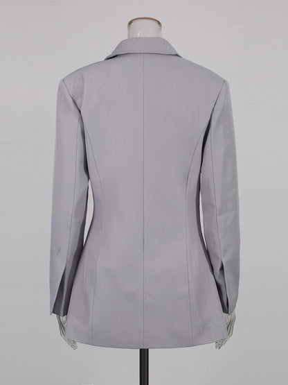 Gray Asymmetric Ruched Blazer with Lapel Collar - SISPELL