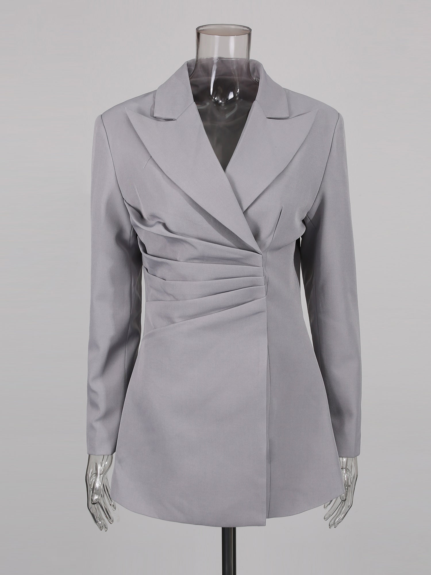 Gray Asymmetric Ruched Blazer with Lapel Collar - SISPELL
