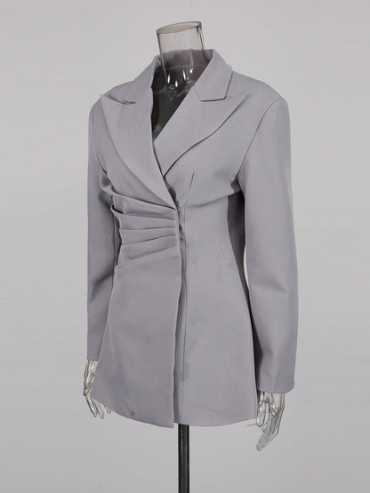 Gray Asymmetric Ruched Blazer with Lapel Collar - SISPELL
