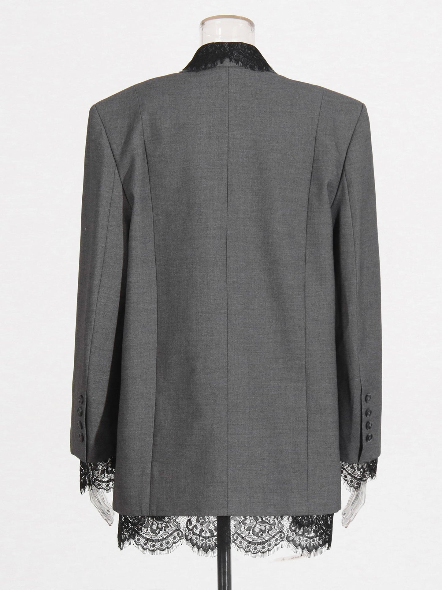 Gray Blazer with Black Lace Trim Detailing - SISPELL
