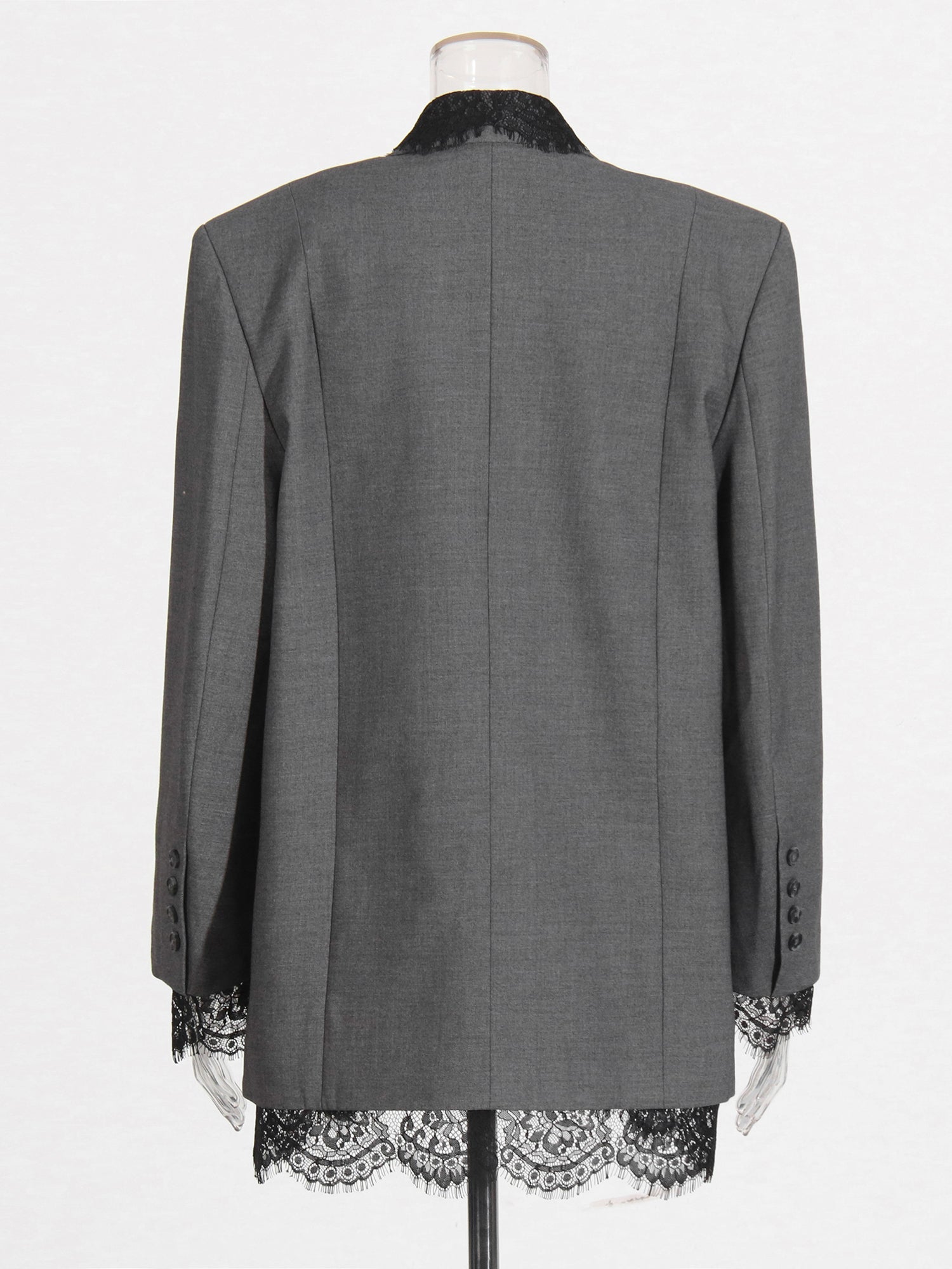 Gray Blazer with Black Lace Trim Detailing - SISPELL