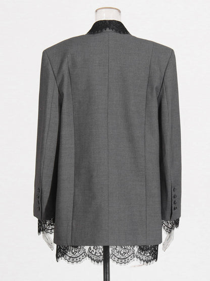 Gray Blazer with Black Lace Trim Detailing - SISPELL
