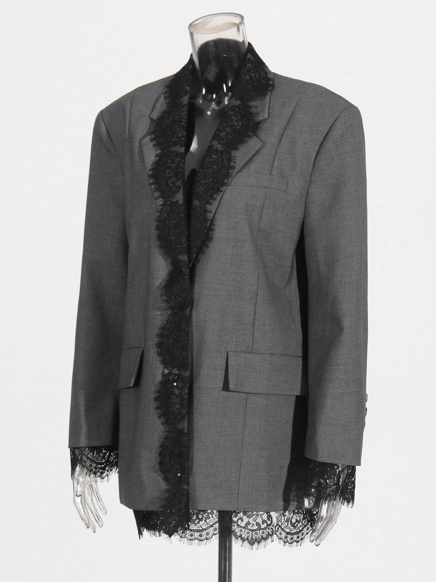 Gray Blazer with Black Lace Trim Detailing - SISPELL