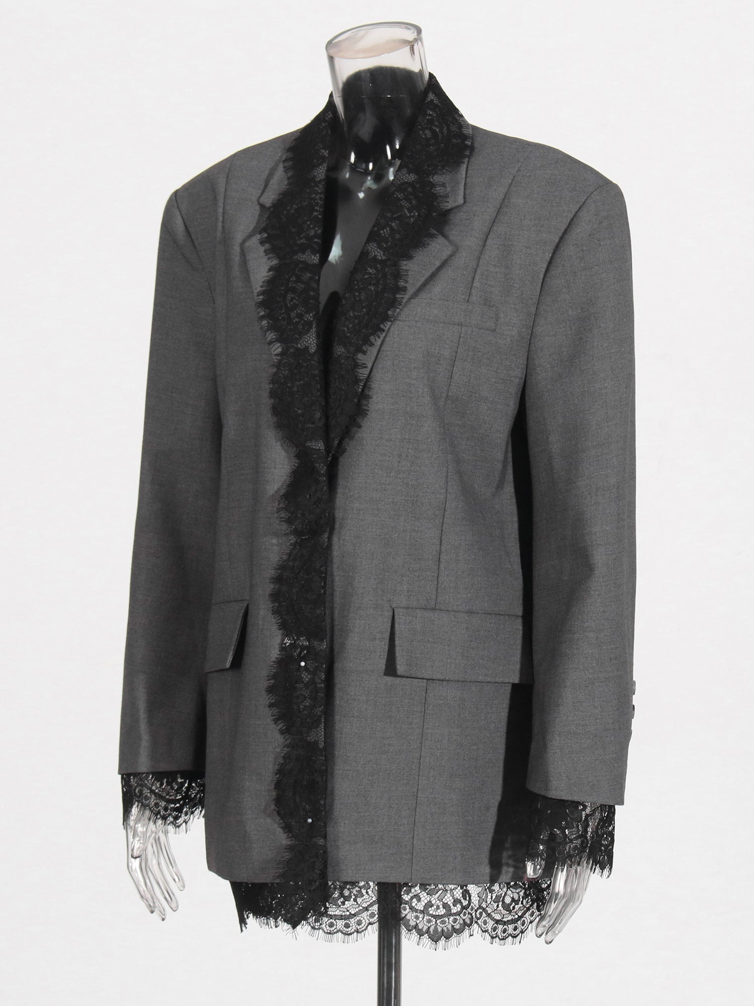 Gray Blazer with Black Lace Trim Detailing - SISPELL