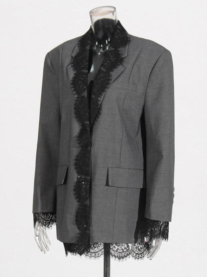 Gray Blazer with Black Lace Trim Detailing - SISPELL