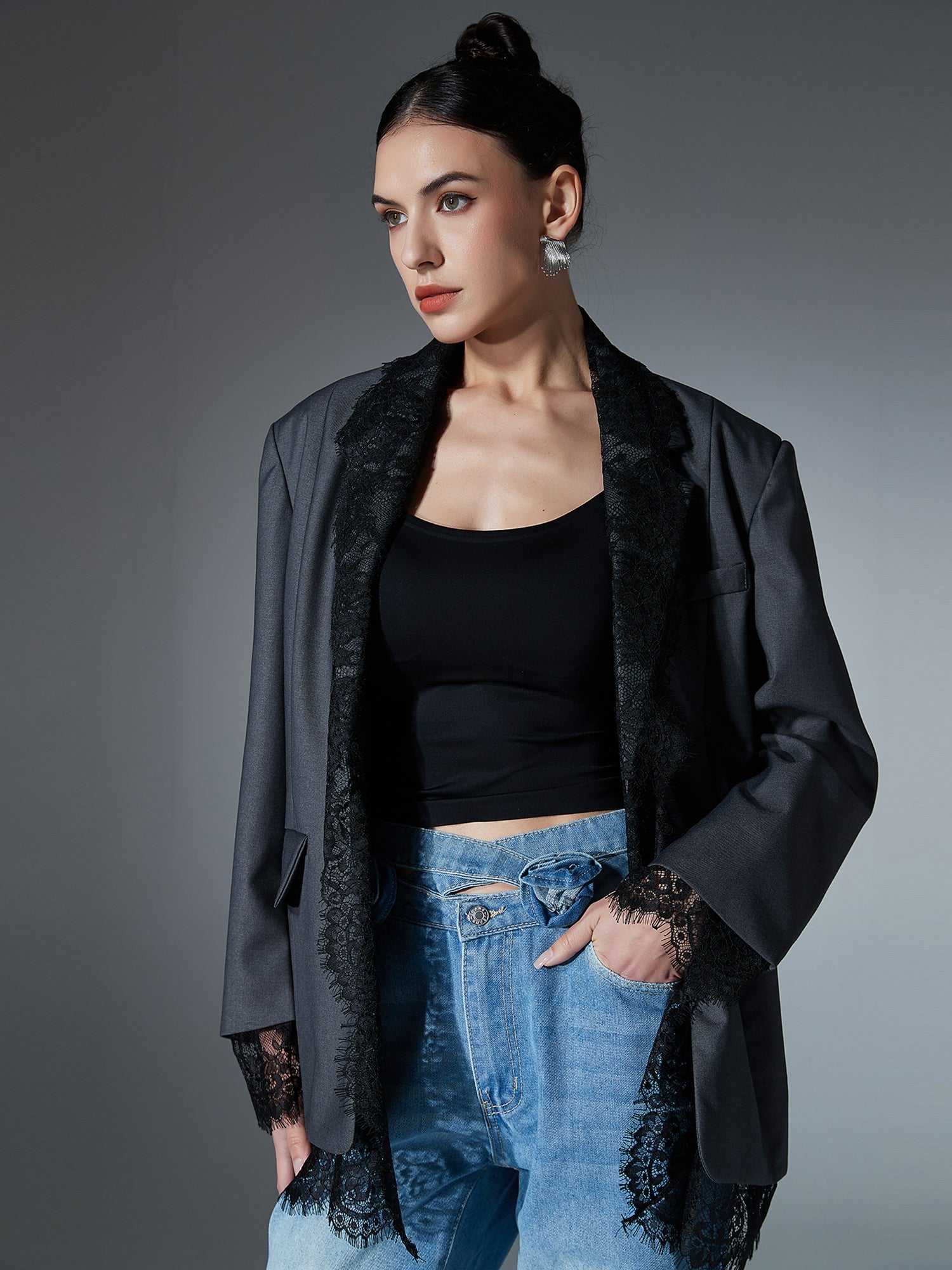 Gray Blazer with Black Lace Trim Detailing - SISPELL