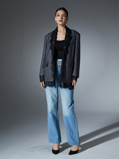 Gray Blazer with Black Lace Trim Detailing - SISPELL