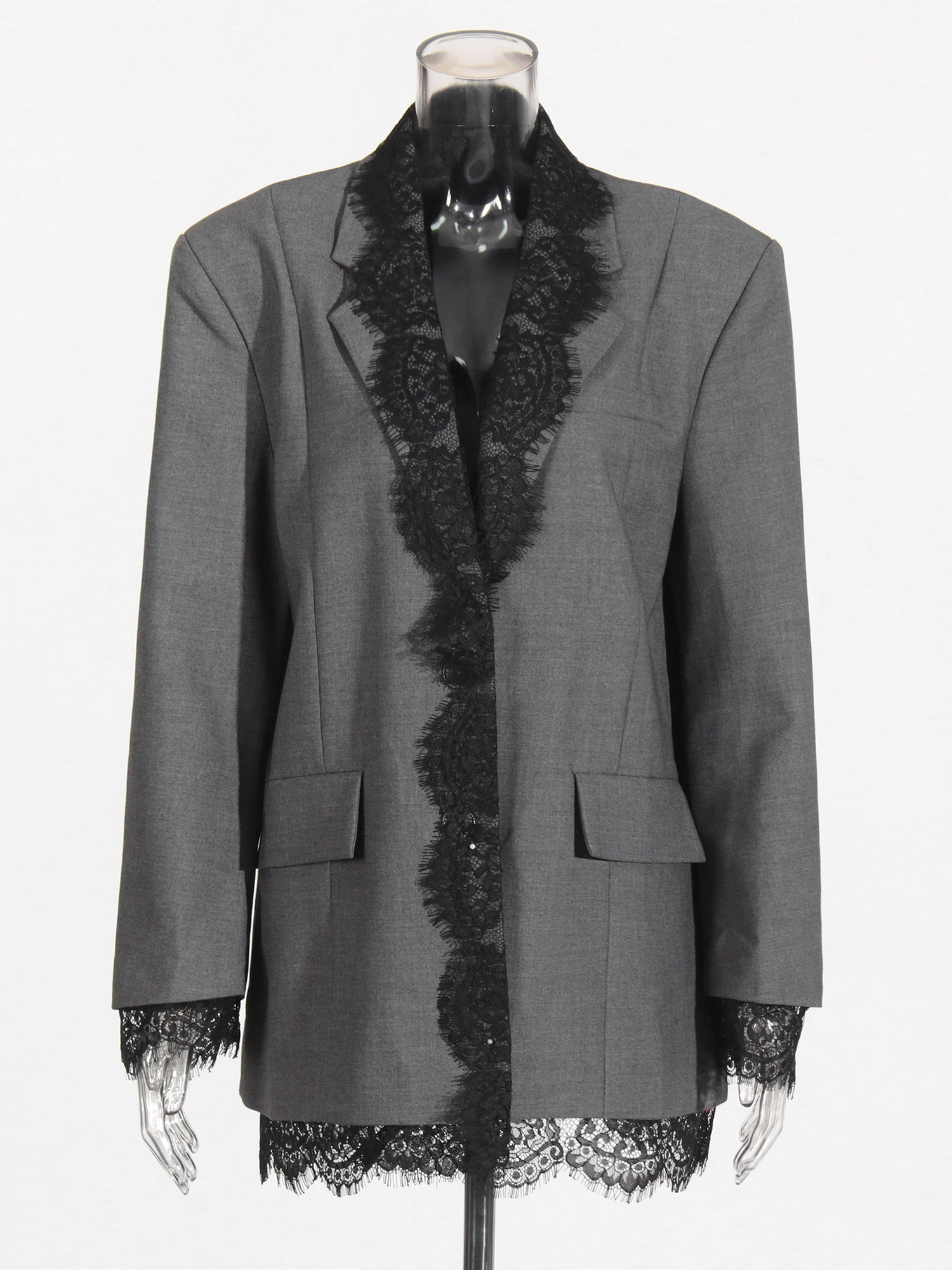 Gray Blazer with Black Lace Trim Detailing - SISPELL