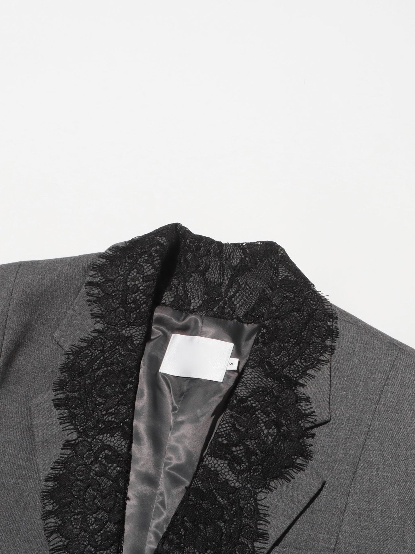 Gray Blazer with Black Lace Trim Detailing - SISPELL