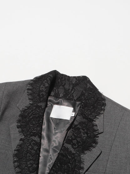 Gray Blazer with Black Lace Trim Detailing - SISPELL