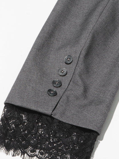 Gray Blazer with Black Lace Trim Detailing - SISPELL